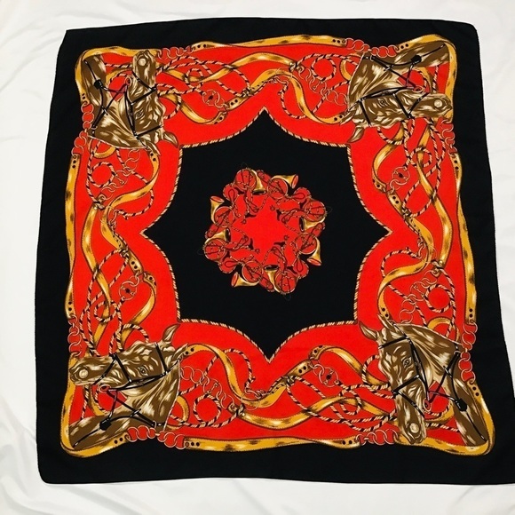 Vintage Accessories - Vtg Italian Equestrian Scarf Horse Chain Rope Square Multicolor Red Black
